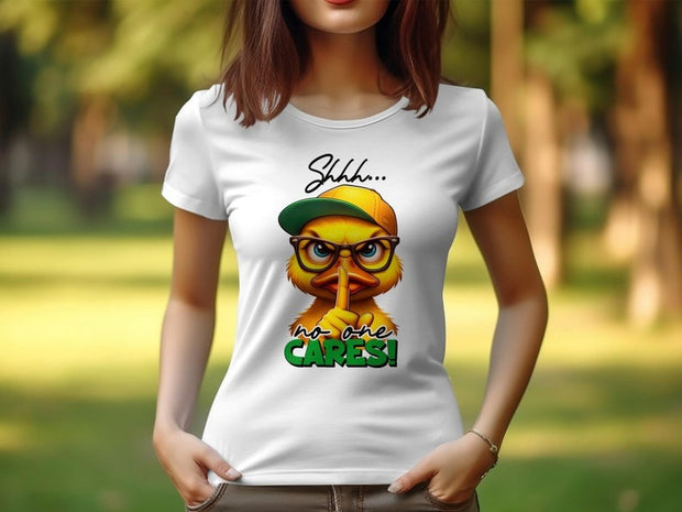 Women's Sarcastic T-Shirt, Yellow Duck Graphic, Shhh No One Cares Quote